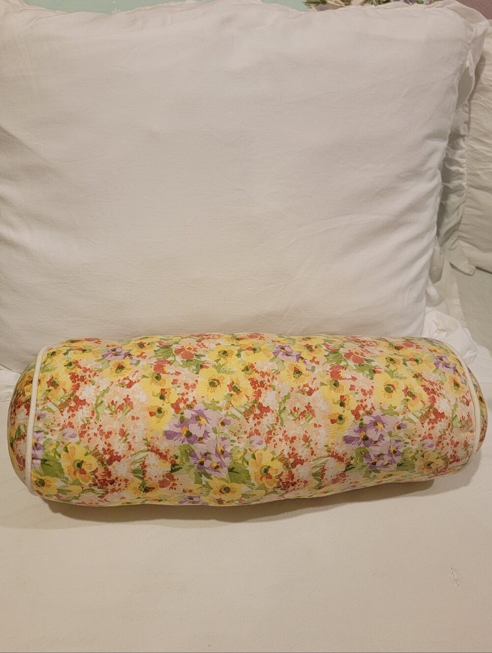 Floral Bolster Pillow in Yellow and Lavender – Decorative Home Bedding